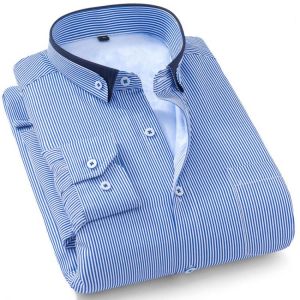 New Winter Men's Warm Long Sleeve Striped Dress Shirts Thick With Velvet Business Regular Fit Button-down Smart Casual Shirt