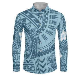 HYCOOL 6XL Polynesian Samoan Tattoos Print Sky Blue Shirts For Men Fall Plus Size Men Clothing Fashion Casual Long Sleeve Shirt