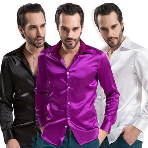 Silk Satin Shirt Men 2020 Smooth Mens Solid Tuxedo Shirt Business Chemise Homme Casual Slim Fit Shiny Gold Wedding Dress Shirts