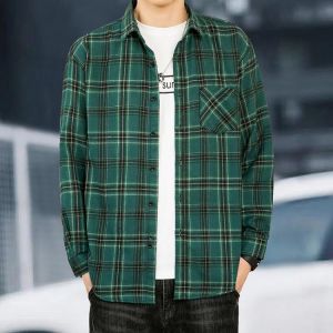 Oversized Autumn Men's Retro Plaid Long-sleeved Shirt Office Male Classic Green Navy Work Jacket Programmer Commuter Top