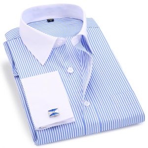 French Cuff Dress Long Sleeve Shirt For Men Stripe Twill Regular Fit Business Work Formal Wedding Male Shirt Has Metal Cufflinks