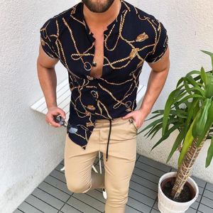European And American Casual Fashion Shirt Men's Black Print Short Sleeve Shirt Hawaii Cool Beach Short Sleeve Shirt Cardigan