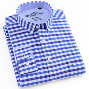 Men's Long Sleeve Blue Oxford Dress Shirt with Left Chest Pocket Cotton Male Casual Solid Button Down Shirts 5XL 6XL Big size