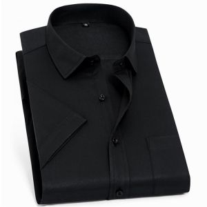 Summer Casual Men's Short Sleeve Solid Basic Dress Shirt Black Formal Business Standard-fit Work Classic Office Striped Shirt
