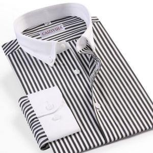Men's Patchwork Collar Long Sleeve Striped Dress Shirt Pocket-less Design 100% Cotton Casual Standard-fit Button-down Shirt