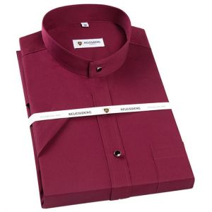 Men's Mao-collar (Mandarin Collar) Short Sleeve Thin Dress Shirts Single Patch Pocket Standard-fit Formal Business Cotton Shi