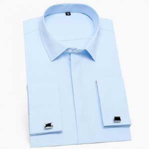 Men's Classic French Cuffs Hidden Buttons Dress Shirt Pocketless Standard-fit Formal Business Long Sleeve Plain Office Shirts