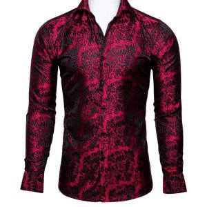 Barry.Wang Luxury Red Floral Silk Shirts Men Long Sleeve Casual Flower Shirts For Men Designer Fit Dress Shirt BCY-0028