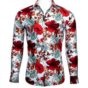 Hot Sale Luxury Red Floral Shirt Men Slim Fit Long Sleeve Geometric Printing Men Club Prom Shirt S-3XL Barry.Wang Designer