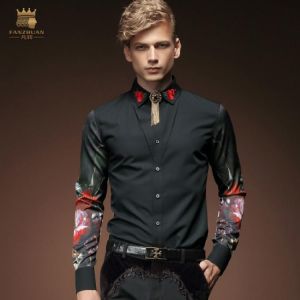 Free Shipping New fashion casual men's personality male Korean long sleeved shirt black embroidery flower shirt 2033 FanZhuan
