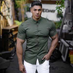 Men's Clothing Summer Gym Fitness Button Short Sleeve Shirts Men Fashion Casual Streetwear Dress Shirt Male Hipster Social Sh