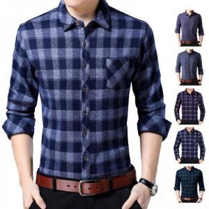 Ele-choices Men Autumn Long Sleeve Single-breasted Turn Down Collar Plaid Slim Shirt Top for Daily