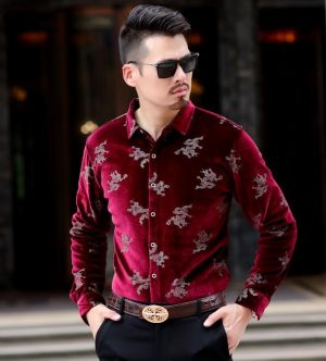 Luxury Winter Men's Shirt Velvet Silk Fashion Dragon Print Long Sleeve Business Casual Velour Tops Shirts Soft Thick Warm
