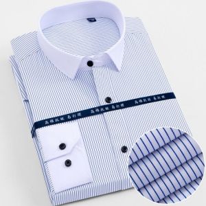 New Arrived Mens shirts Brand Long sleeve striped Man Smart Social Dress Shirts White Blue Splice Male Clothing Big Size 4XL