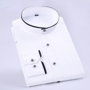 Fahsion Stand Collar Shirts Mens Long Sleeve Slim Fit Wedding Shirt Standard-fit Formal Business Dress Shrits Basic Design White