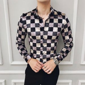 2021 Autumn Winter Classic Plaid Shirts Men High Quality Velvet Long Sleeve Slim Fit Shirt Male Party Social Casual Dress Shirt