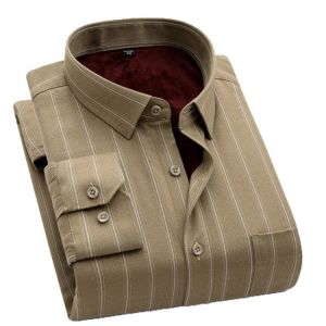 Aoliwen Men Plus Velvet Padded Winter Striped Shirts Men Cold Proof Casual Social Warmth Slim Pocket Long Sleeve Shirts New 2021
