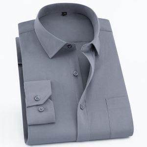 Men's Long Sleeve Standard-fit Solid Basic Dress Shirt Single Patch Pocket Formal Business Work Classic Office Striped Shirts
