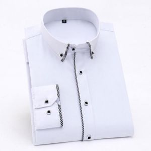 Formal Men's Long Sleeve Dress Shirt Button-down Collar Classic Regular Fit Fashion Plaid Edge Solid Color Smart Casual Shirt