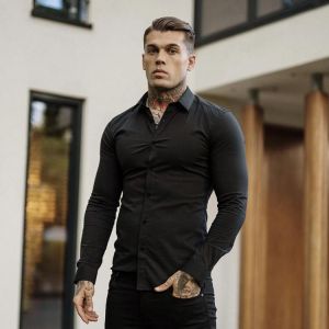 New Arrivals Autumn Men's Long Sleeve Shirt Solid Fitness Mens Turn Down Collar Super Slim Fit Business Dress Shirt Button To