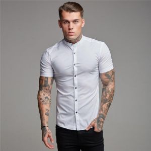 New Summer Mens Short Sleeve Shirt Solid Fitness Mens Stand Collar Super Slim Fit Business Dress Shirts Button Gym Tees Tops