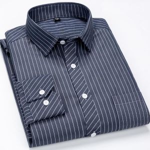 Men's Classic Vertical Striped Regular-Fit Long-Sleeve Shirt Single Patch Pocket Buttoned Up Formal Business Basic Dress Shir