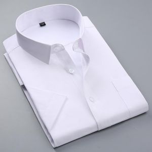 Summer Men's Short-sleeve White Basic Dress Shirt with Single Chest Pocket Standard-fit Business Formal Solid/twill/plain Shi