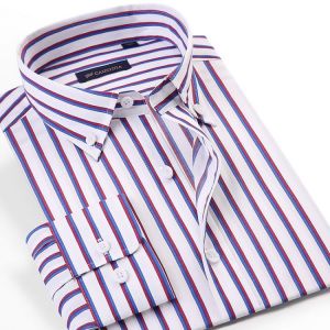 Men's Fashion Button-down Contrast Striped Dress Shirts Pocketless Design Long Sleeve Standard-fit Casual Bamboo Fiber Shirt