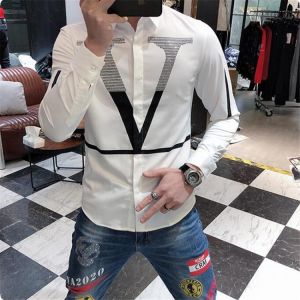 2021 Brand Clothing Fashion Hot Sale Rhinestone Letter Slim FitShirts Men Long Sleeve Business Dress Shirt Social Club Chemise