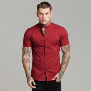 New Summer Man Short Sleeve Shirt Solid Fitness Mens Stand Collar Super Slim Fit Business Dress Shirt Button Gym Clothing