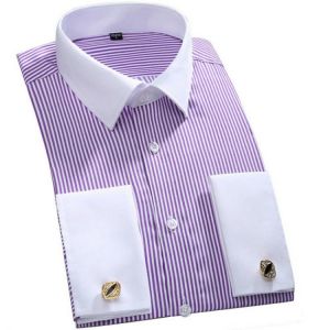 Quality & Gentle Formal Mens French Cuff Dress Shirt Men Long Sleeve Solid Striped Style Men's Shirts Cufflink Include Pl