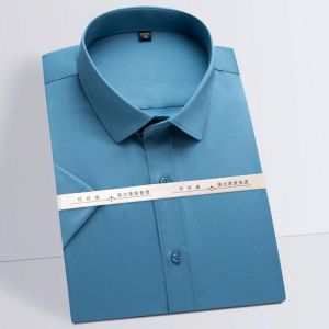 Men's Summer Stretch Bamboo-fiber Short Sleeve Shirts Pocketless Design Regular-fit Formal Business Office Easy Care Tops Shi
