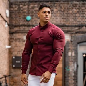 Autumn Fashion Long Sleeve Shirt Men Solid Super Slim Fit Male Social Business Dress Shirt Brand Men Gym Fitness Sport Clothing