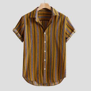 Khaki Stripe Men Shirt Streetwear Chemise Homme Formal Wear Streetwear Camisas Hombre Cotton Polyester Mens Shirts Printed Shirt