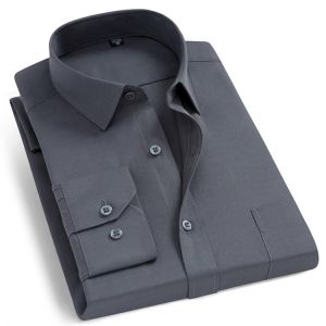 Men's Fashion Long Sleeve Basic Dress Shirts Single Patch Pocket Formal Business Standard-fit Work Office Plaid/striped Shirt