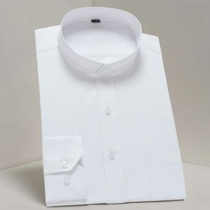 Men's Casual Standard-Fit Long-Sleeve Band-Collar Shirt Single Patch Pocket Elegant Fashion White Work Office Basic Dress Shi