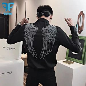 FAVRE Men Dress Shirts Long Sleeve Wing Turn-down Collar Shirt Office Social Business Tops Slim Shirt Casual White Men Clothing