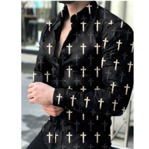 Men's Business Dress Shirts Cross print Black Slim Spring&Autumn Men's Casual Shirt Long Sleeve Formal Button-Down C