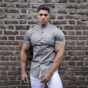 Fashion Short Sleeve Shirt Men Solid Super Slim Fit Male Casual Social Business Dress Shirt Summer Mens Sports Fitness Clothing