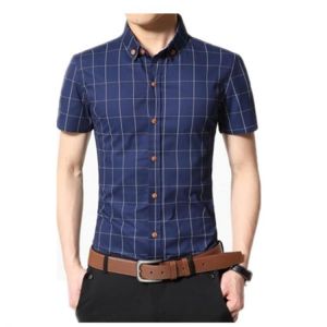 Men Shirt Men's Shorts Sleeve Slim Fit Checkered   Dress Shirt 2020 Summer Camisa Social Masculina Chemise Homme