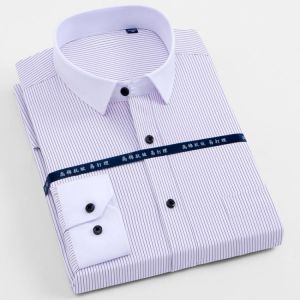Men's Long Sleeve Solid/striped Basic Design Dress Shirts with Single Chest Pocket Regular-fit Formal Twill Work Office Shirt