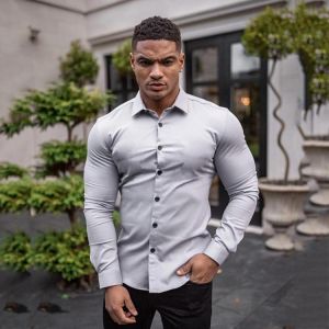 New Autumn Fashion Long Sleeve Shirt Men Solid Fitness Mens Turn-down Collar Button Super Slim Fit Business Dress Shirt Gym Tops