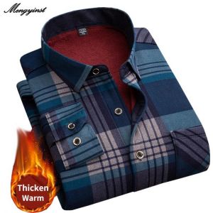 2021 Winter Mens Fashion Thicking Warm Long Sleeve Print Plaid Shirt Male Business Casual Fleece Lined Soft Flannel Dress Shirts