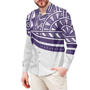 HYCOOL Tribal Print White Shirts For Men Fashion Samoan Long Sleeve Shirt Men Custom Polyester Dress Shirt Men For Wedding Party