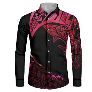HYCOOL Tribal Shark Tattoos Print Black Men Dress Shirt Polynesian Wedding Long Sleeve Shirt For Men Custom Vintage Men Clothing