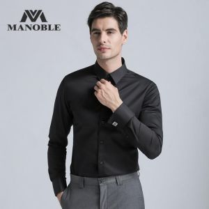 Men's Dress Shirt 2019 Brands New Fashion Regular Fit Cufflink Shirts Business Long Sleeve Business Suits Shirts Solid Black