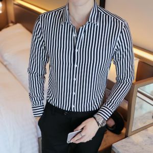 Cheap Business Men Shirt Brand Fashion 2021 Long Sleeve Shirt Men All Match Slim Fit Striped Shirts Men Formal Wear Blouse Homme