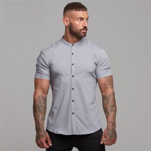 Mens Shirt Plain Gym Clothing Summer Slim Fit Short Sleeve Dress Shirt Fitness Man Solid Men Plus Size Social Business Shirts