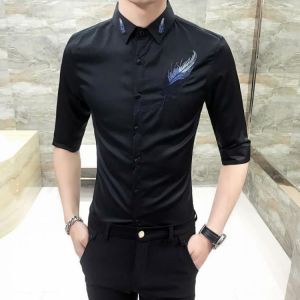 TAVARES Men Dress Shirts Feather Pattern Fashion Office Social Business Collared Shirt Short Half Sleeve Work Clothes