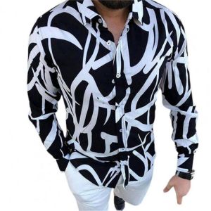 2021 New Formal Men Long Sleeve Irregular Line Print Shirt Turn-down Collar Anti-shrink Buttons Turn-down Collar Office Shirt
